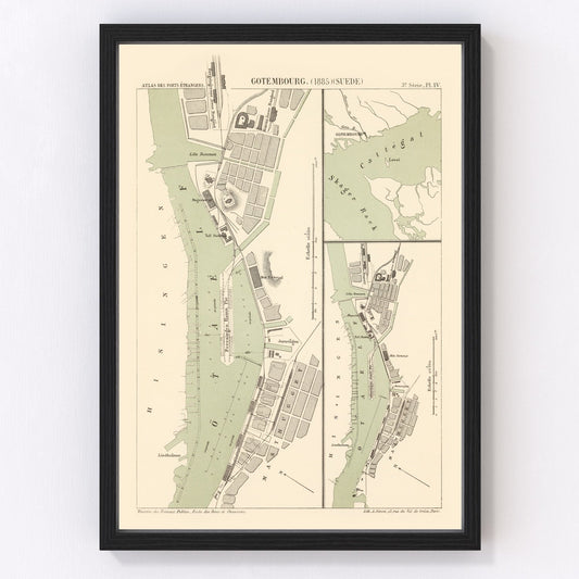 Vintage map of Gothenburg, Sweden, 1885