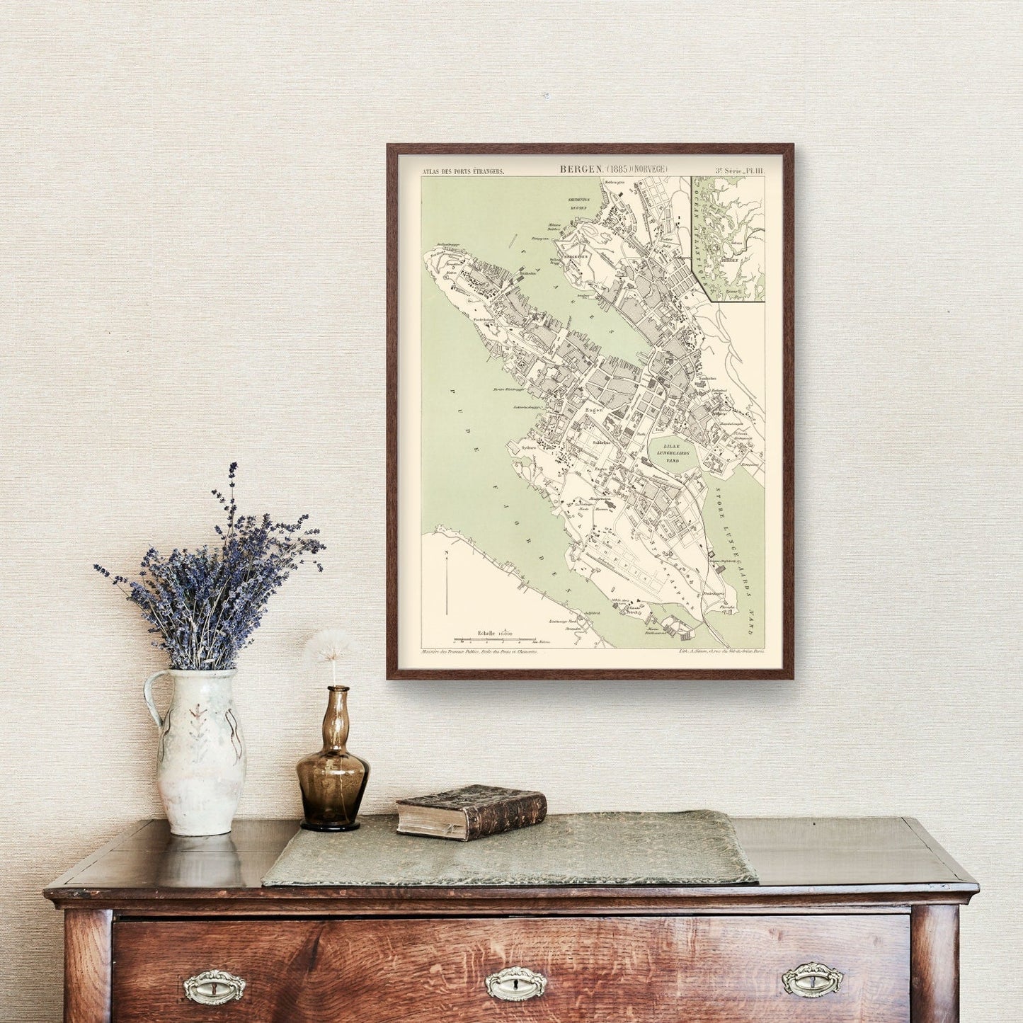 Vintage Map of Bergen, Norway, 1885
