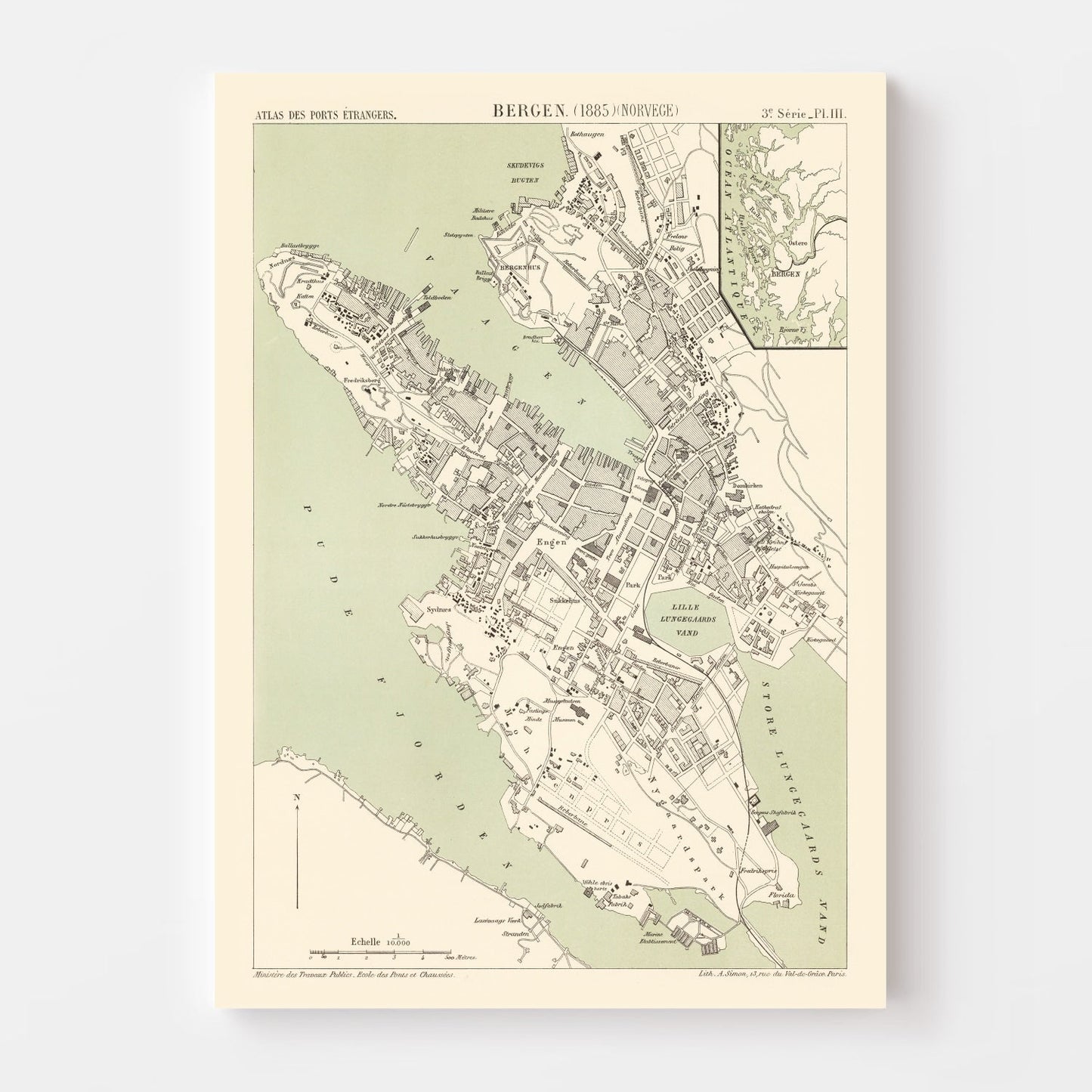Vintage Map of Bergen, Norway, 1885