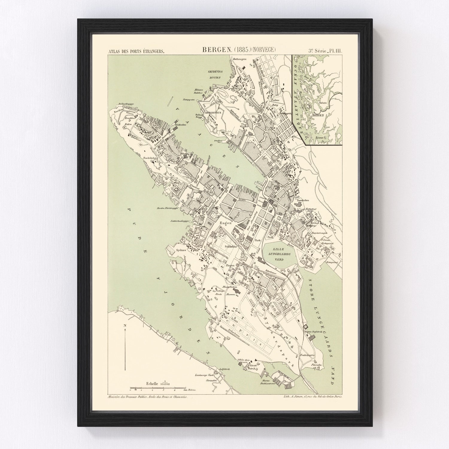 Vintage map of Bergen, Norway, 1885