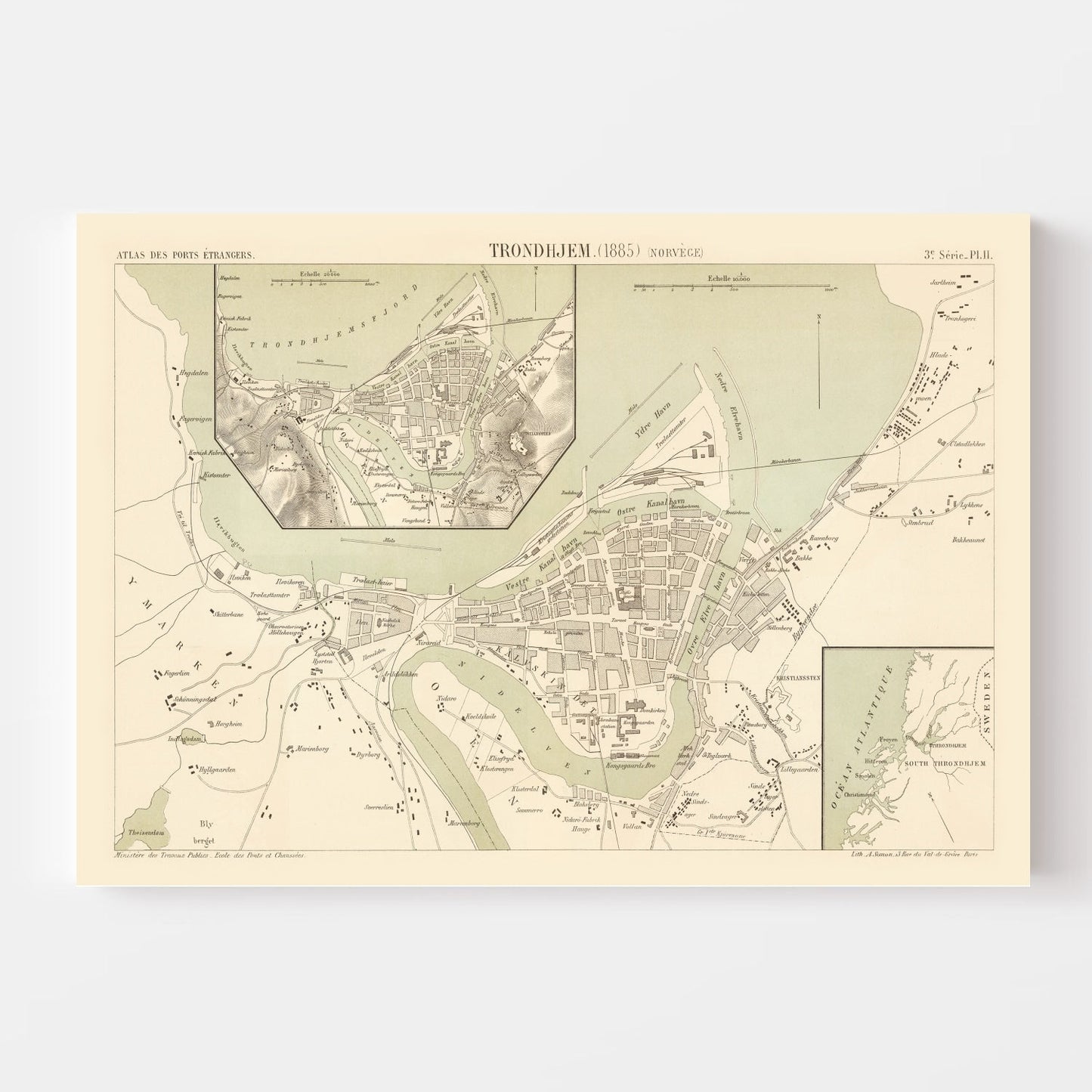 Vintage Map of Trondheim, Norway, 1885