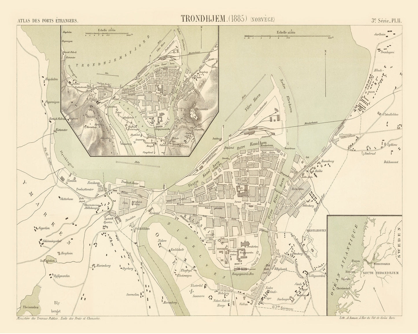 Vintage Map of Trondheim, Norway, 1885