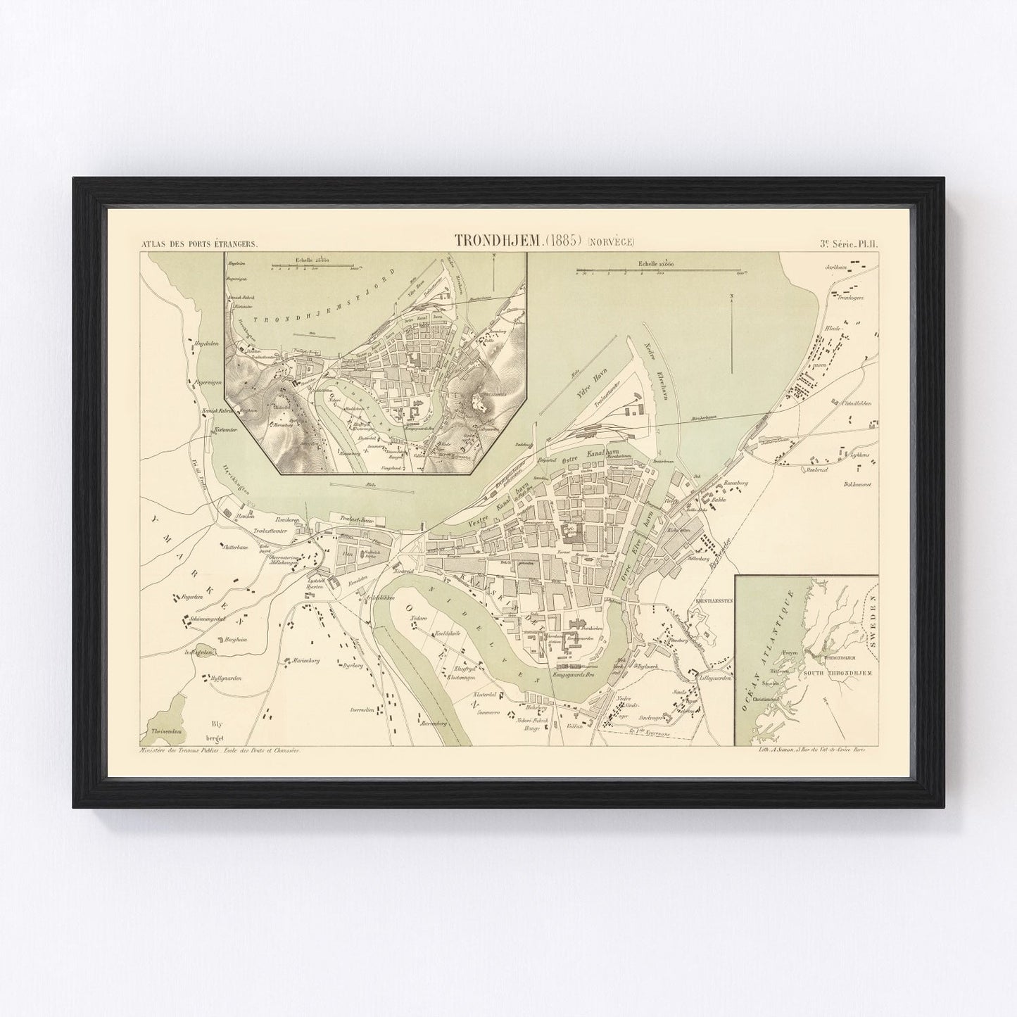 Vintage map of Trondheim, Norway, 1885