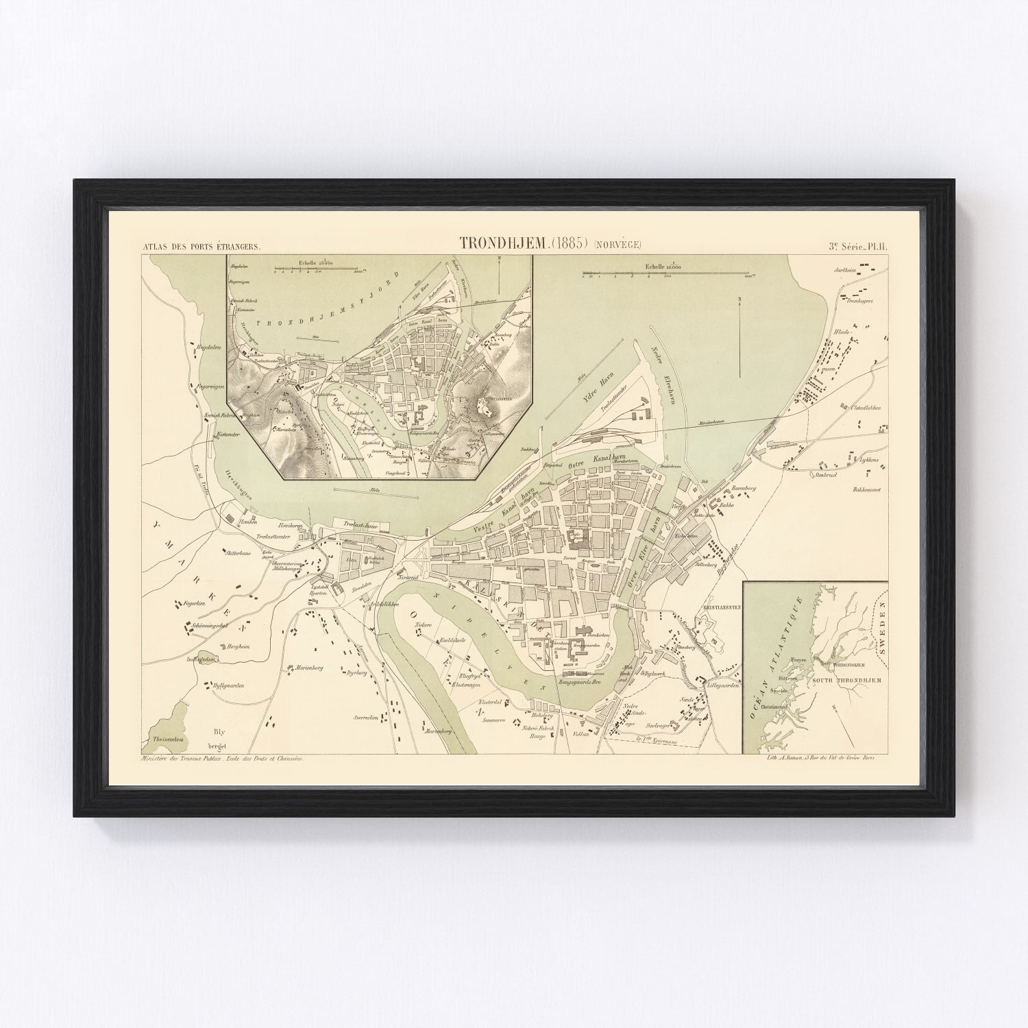 Vintage map of Trondheim, Norway, 1885