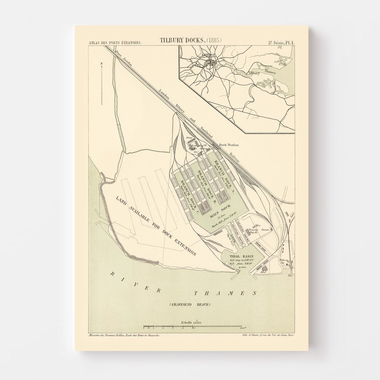 Vintage Map of Tilbury, England, 1885