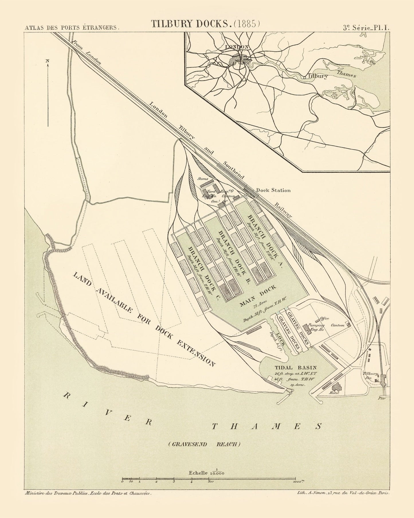 Vintage Map of Tilbury, England, 1885