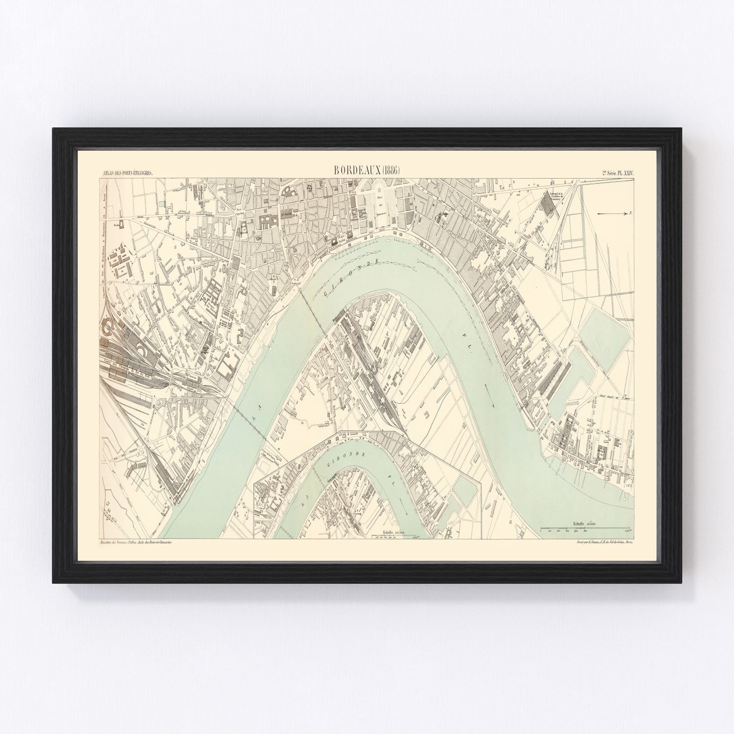 vintage map of Bordeaux, France, 1886, restored print wall art