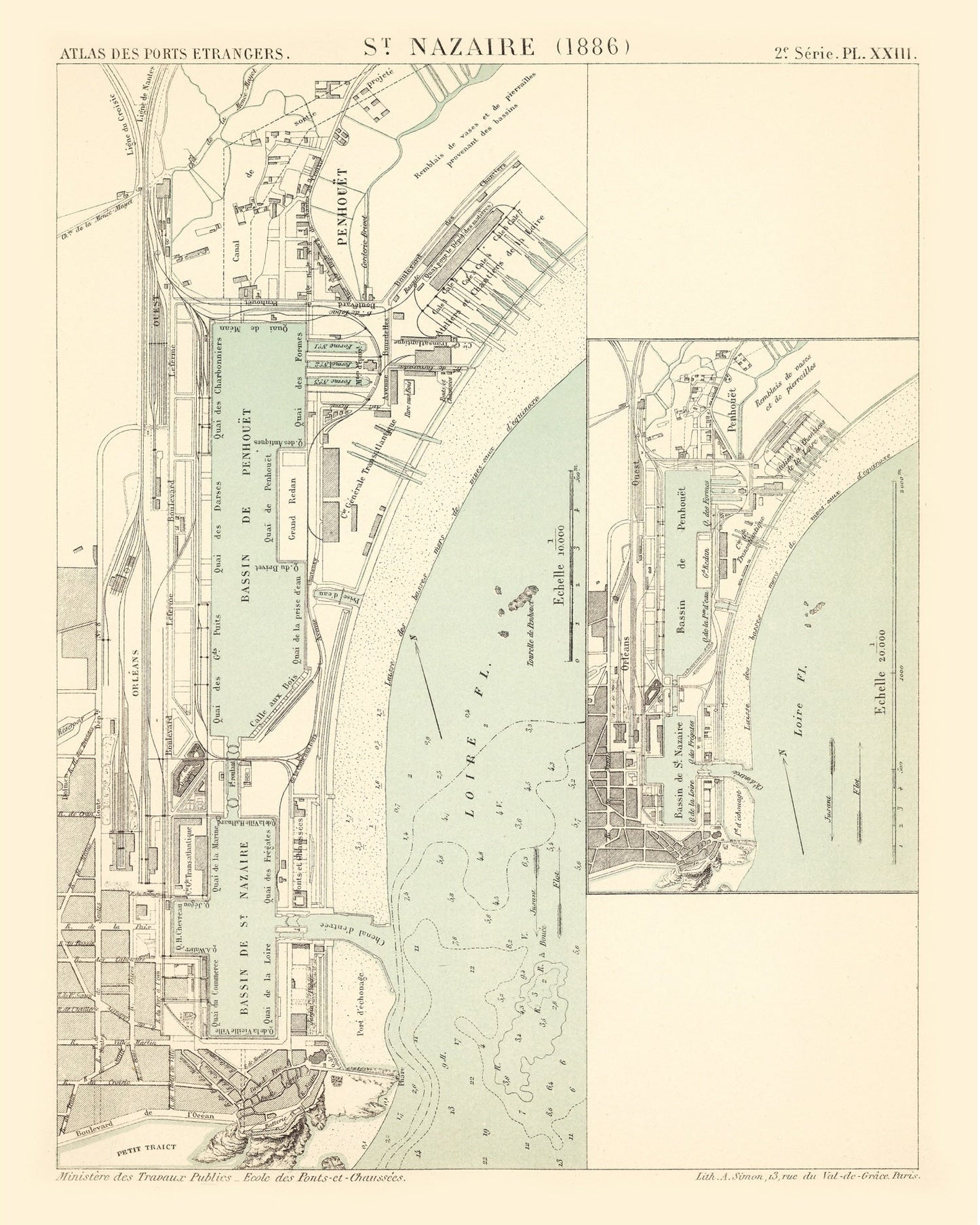 Vintage Map of Saint Nazaire, France, 1886