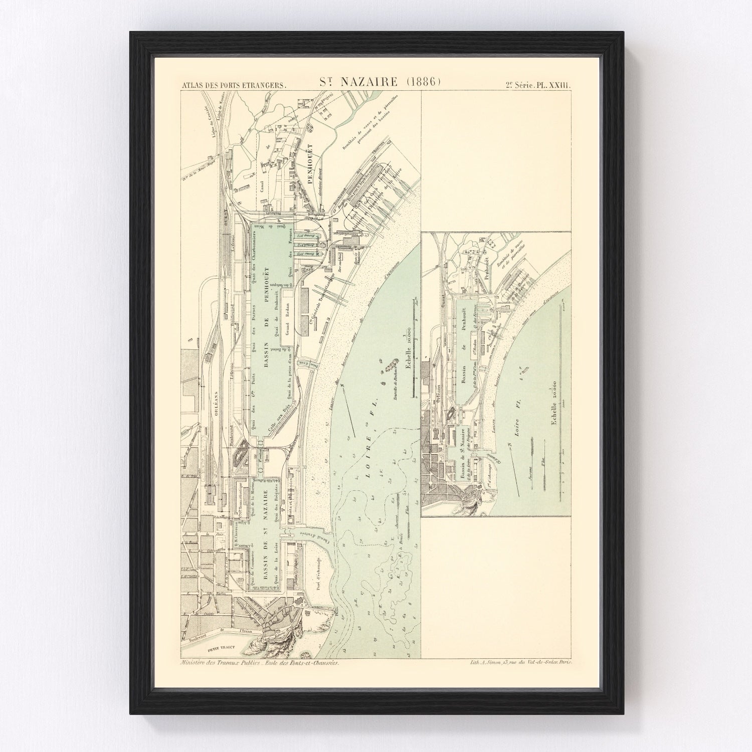 vintage map of Saint Nazaire, France, 1886