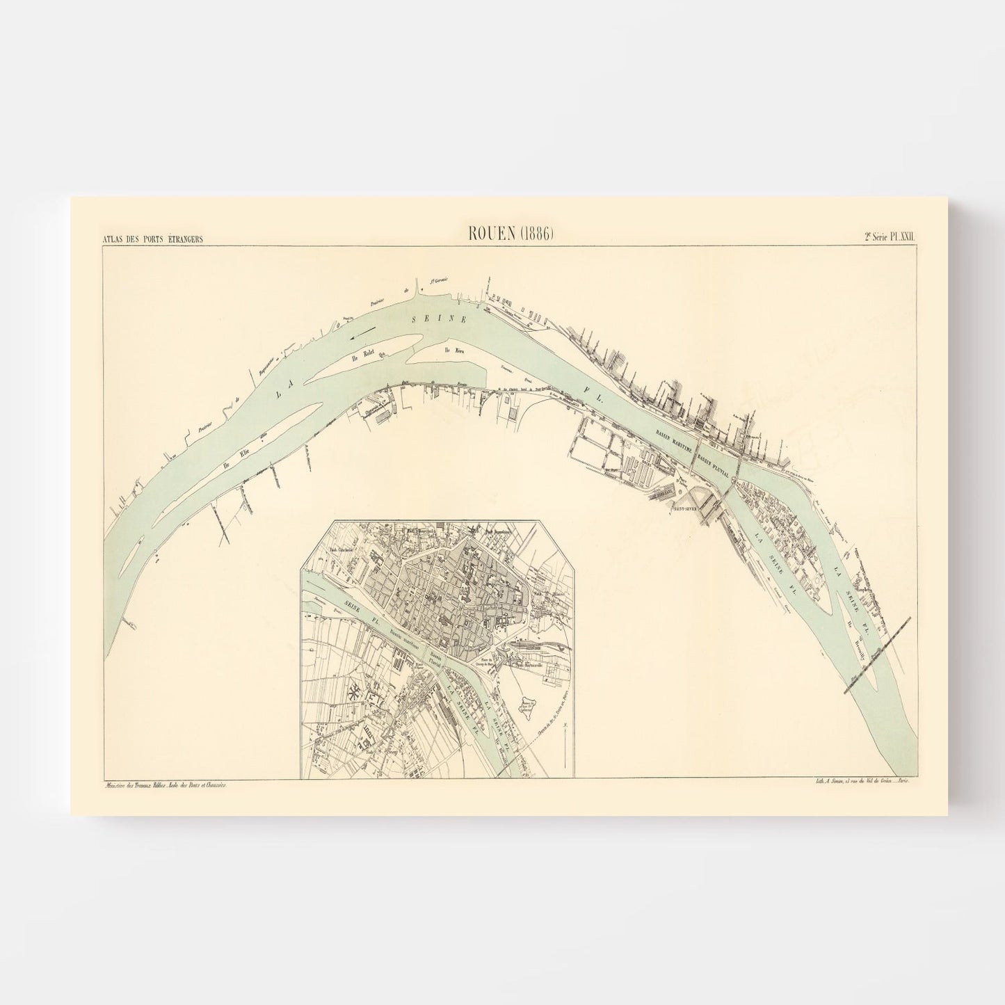 Vintage Map of Rouen, France, 1886
