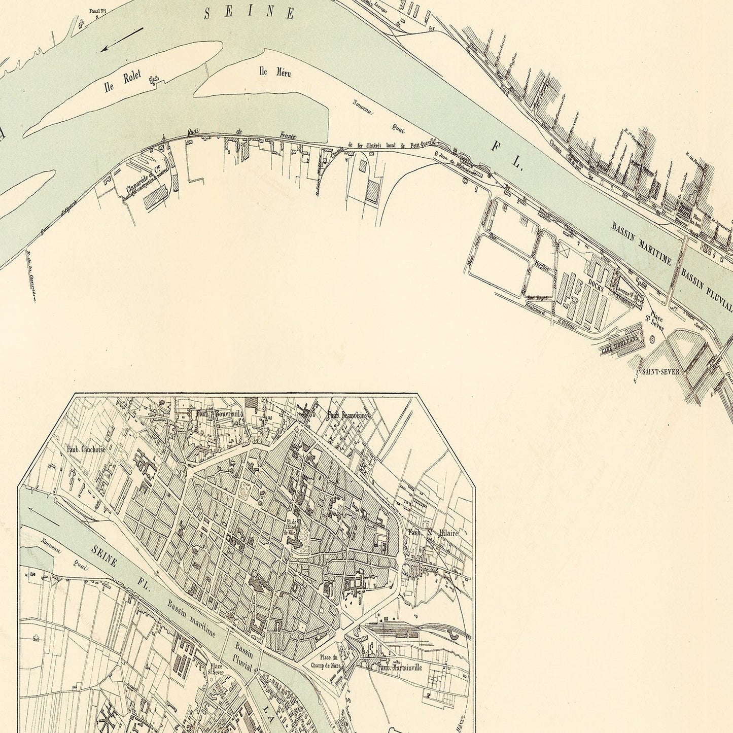 Vintage Map of Rouen, France, 1886