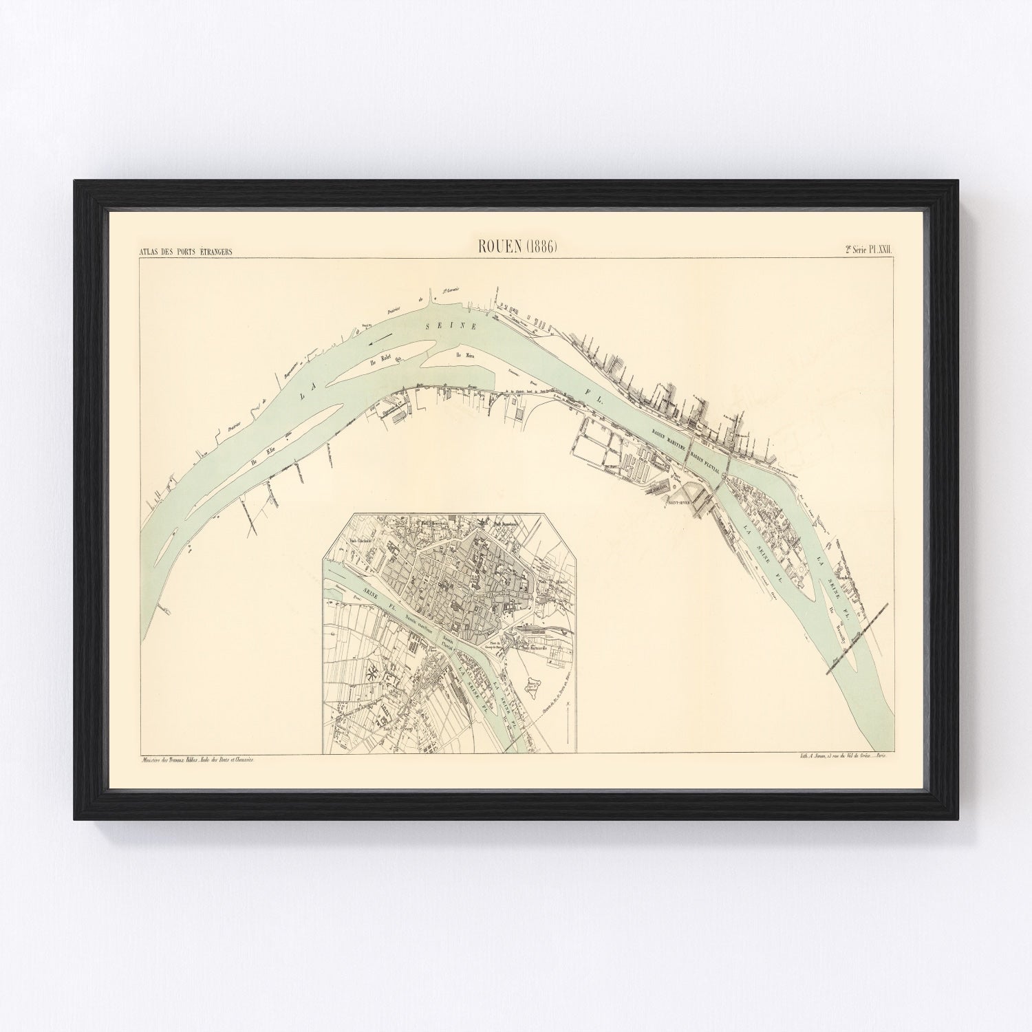 vintage map of Rouen, France, 1886