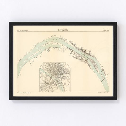 vintage map of Rouen, France, 1886