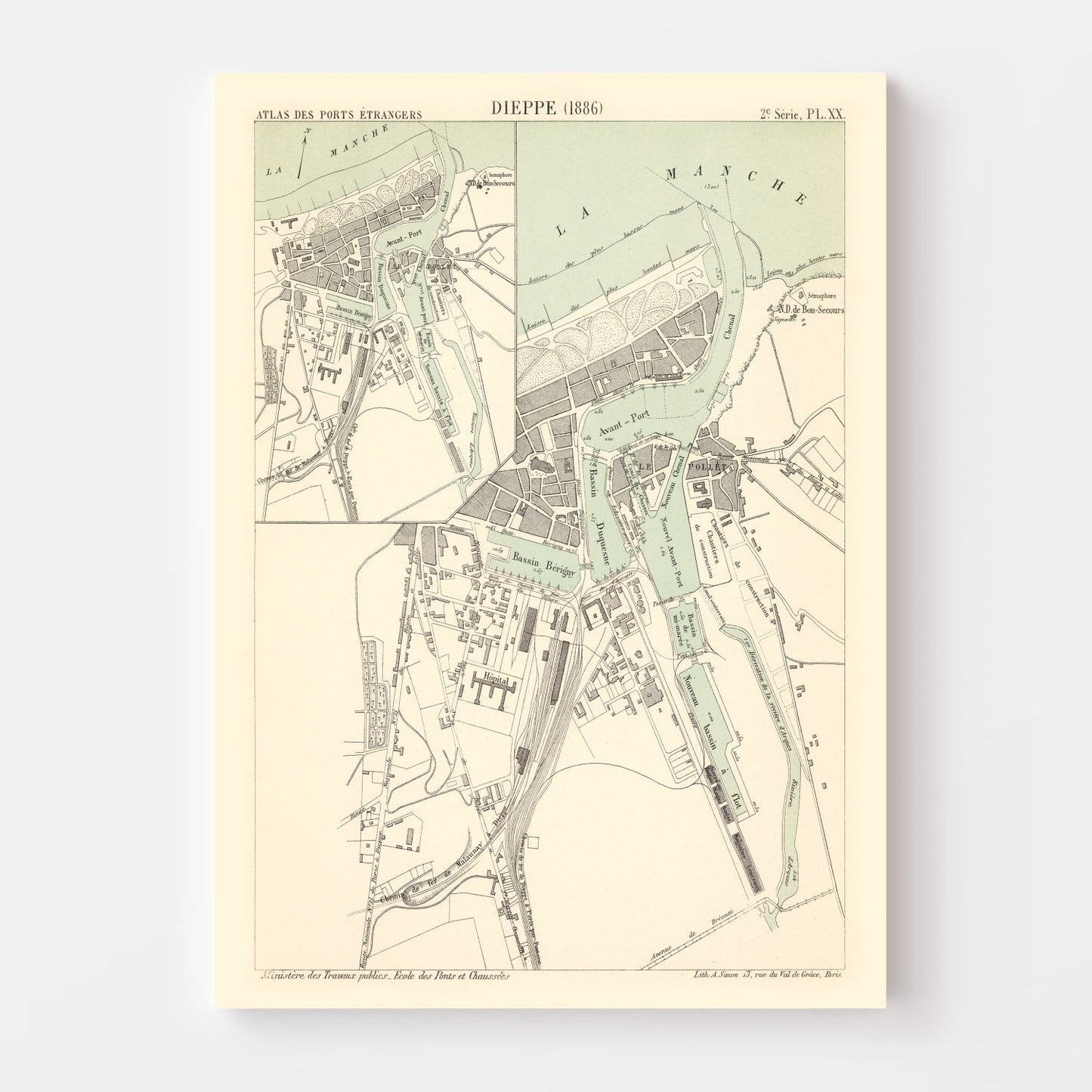 Vintage Map of Dieppe, France, 1886