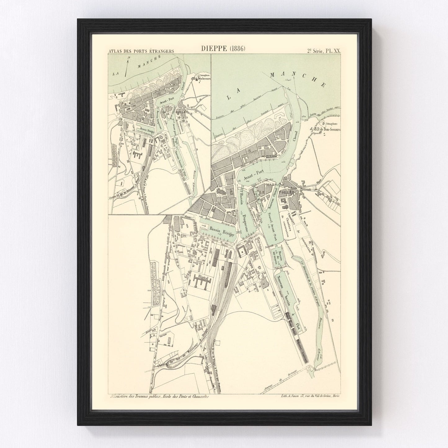 vintage map of Dieppe, France, 1886