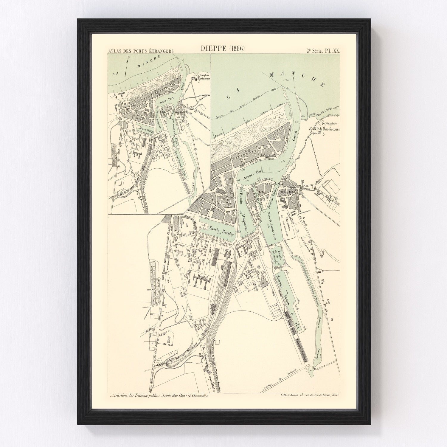 vintage map of Dieppe, France, 1886