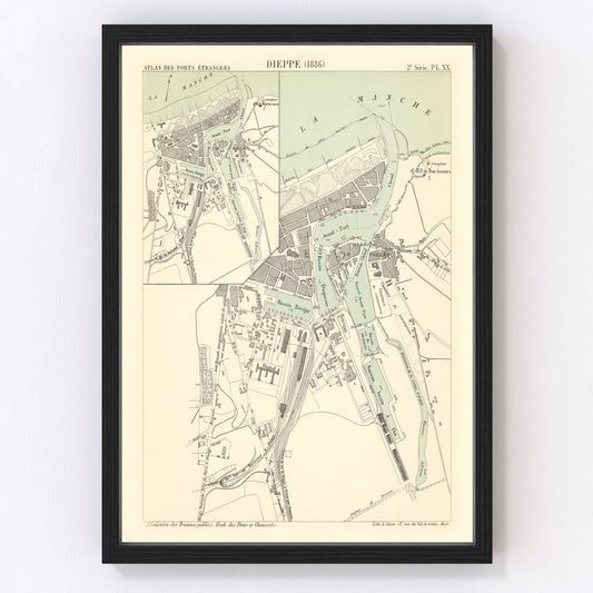 vintage map of Dieppe, France, 1886