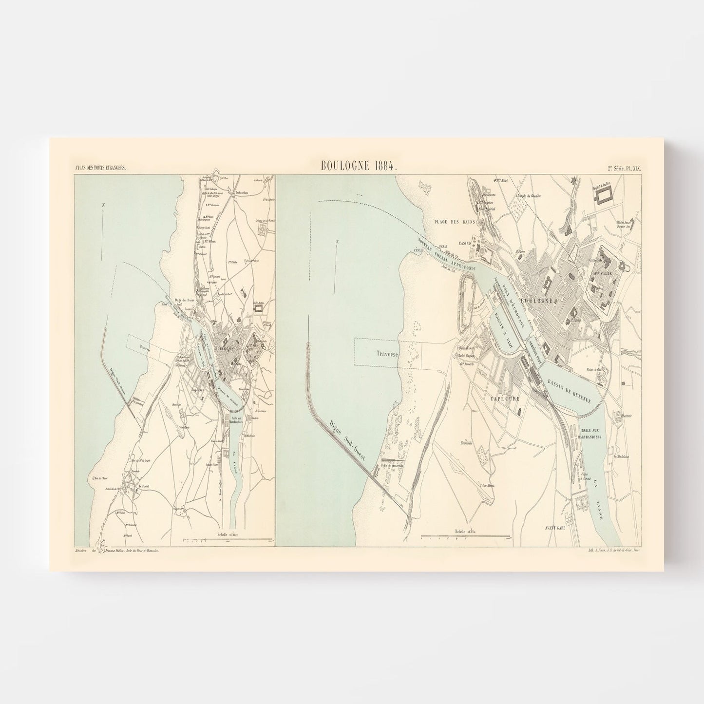 Vintage Map of Boulogne-sur-Mer, France, 1884