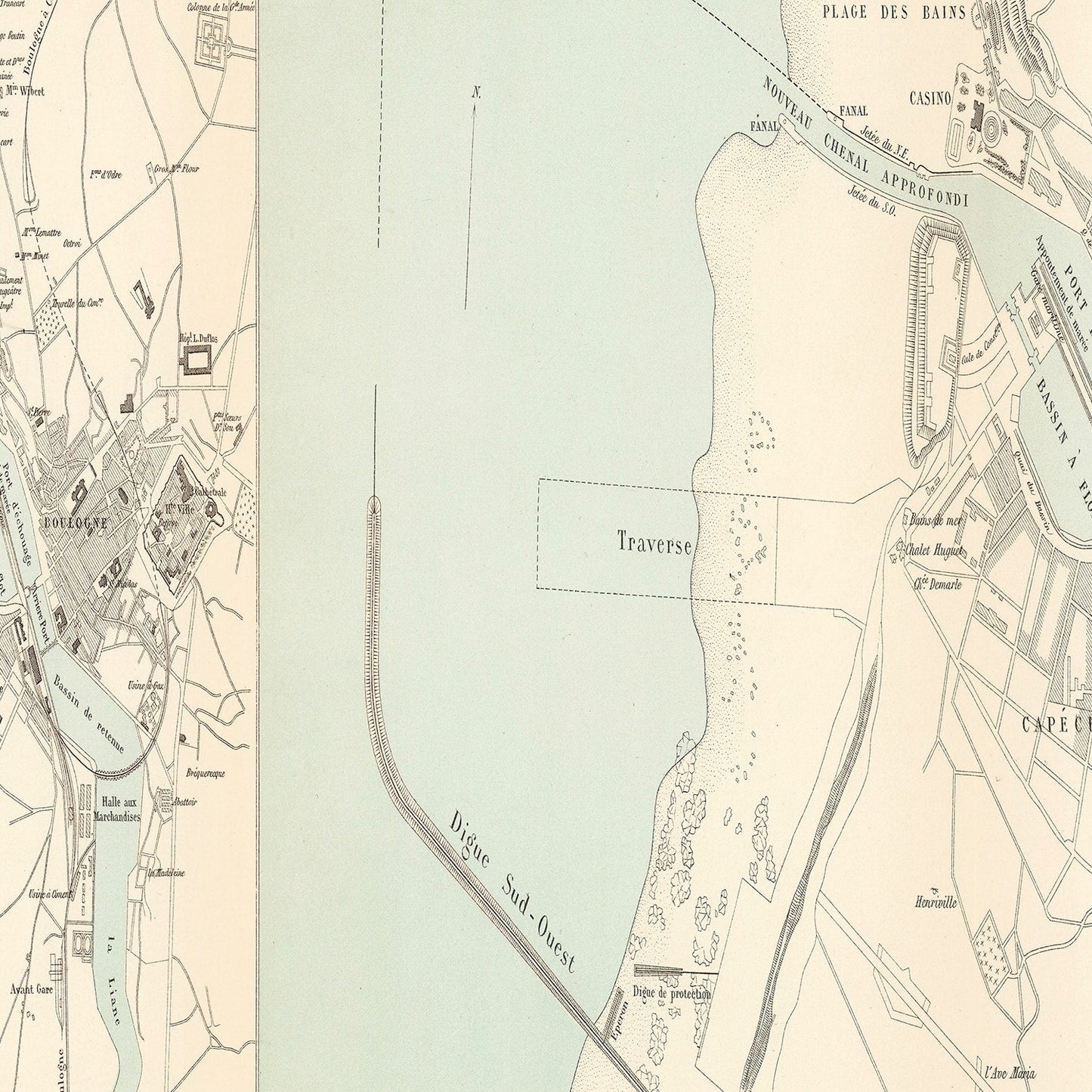 Vintage Map of Boulogne-sur-Mer, France, 1884