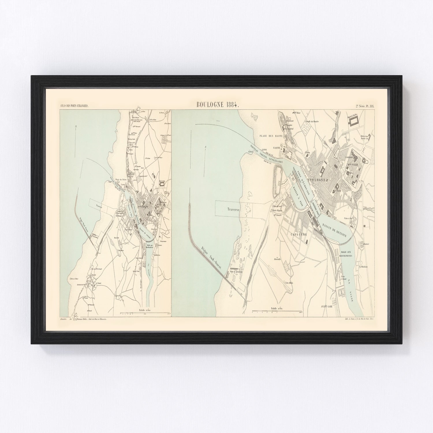 vintage map of Boulogne-sur-Mer, France, 1884, coastal restored print wall art