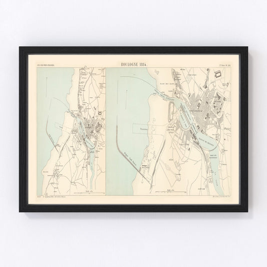 vintage map of Boulogne-sur-Mer, France, 1884, coastal restored print wall art