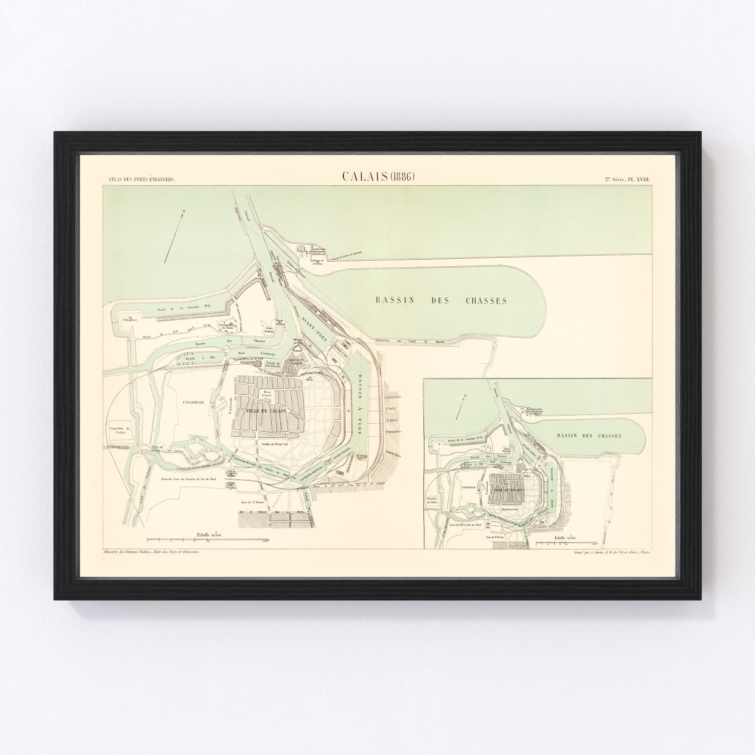 Vintage map of Calais, France, 1886, English Channel port restored print