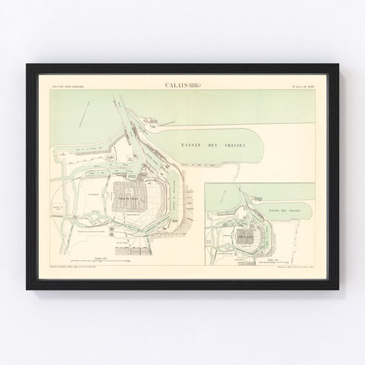 Vintage map of Calais, France, 1886, English Channel port restored print