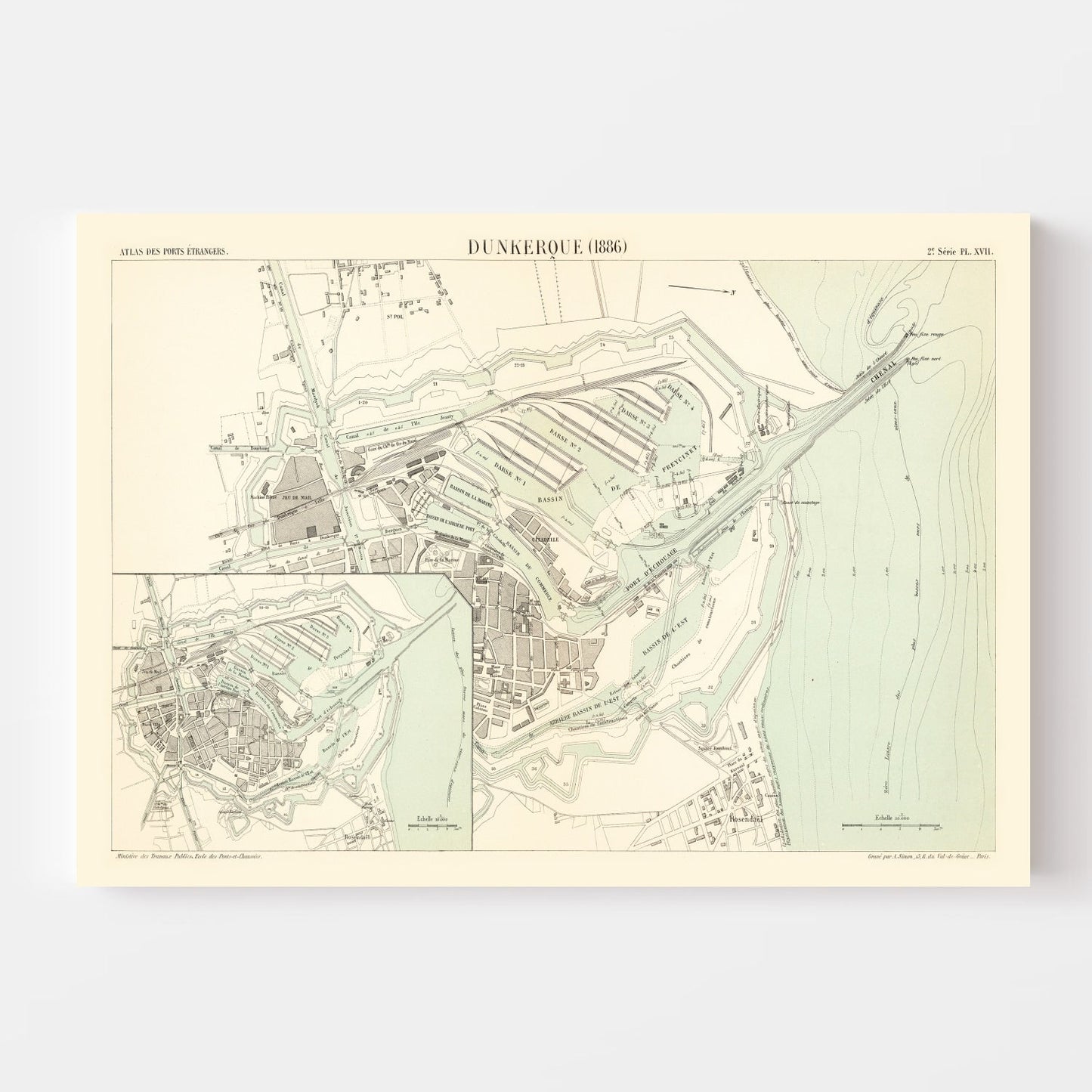 Vintage Map of Dunkerque, France, 1886