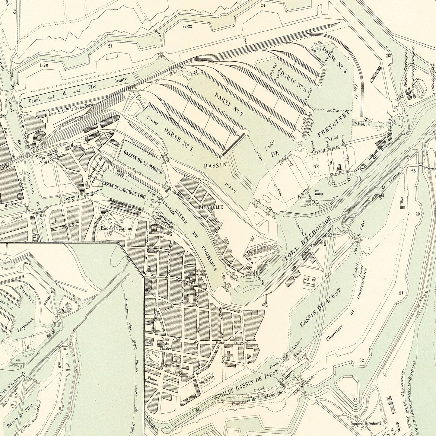 Vintage Map of Dunkerque, France, 1886