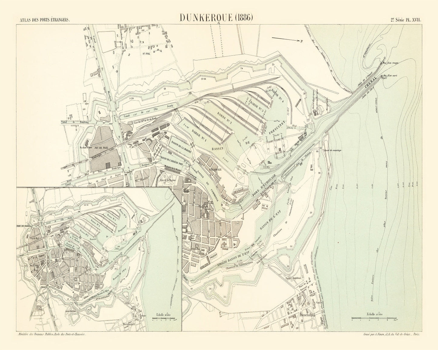 Vintage Map of Dunkerque, France, 1886