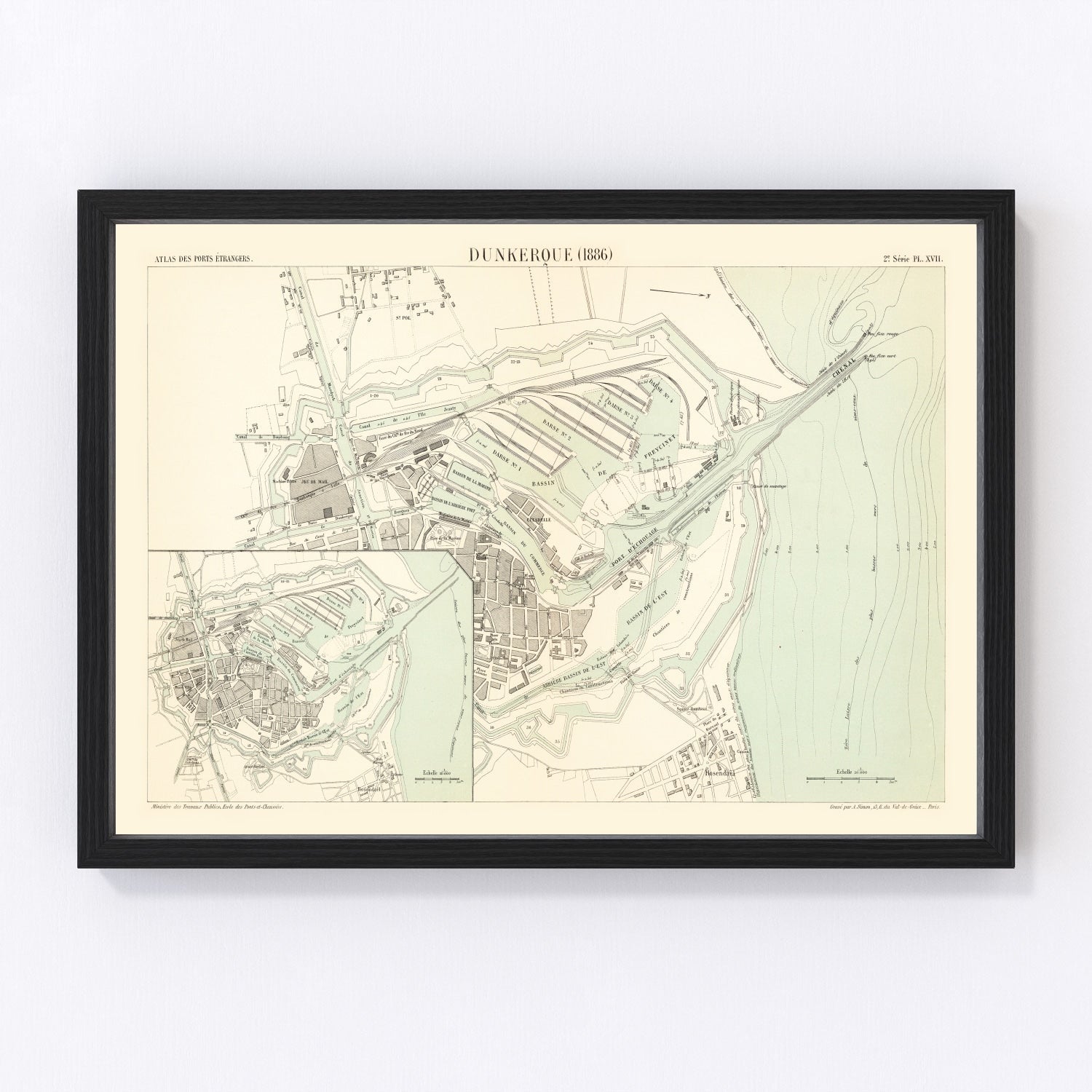 Vintage map of Dunkerque, France, 1886