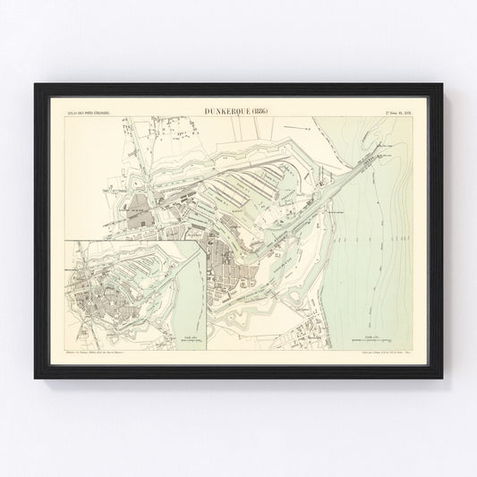 Vintage map of Dunkerque, France, 1886