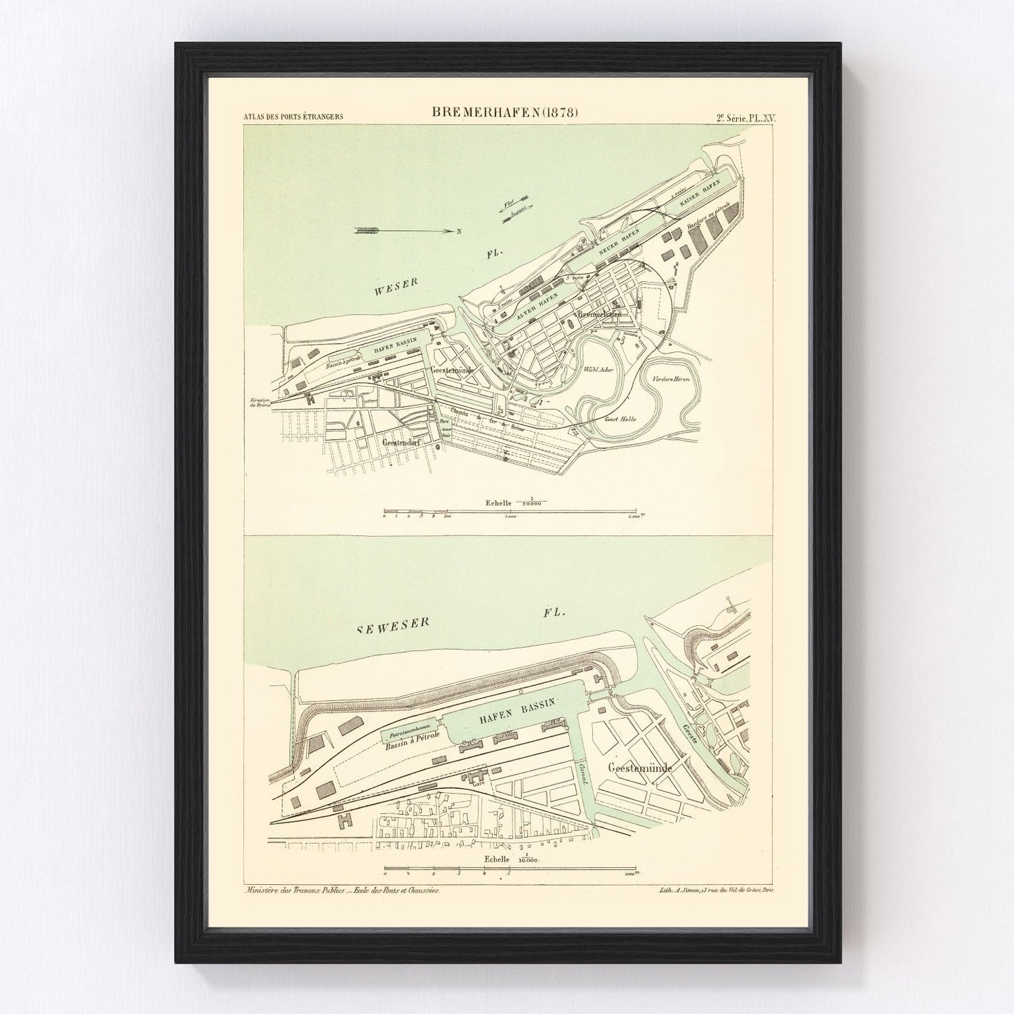 Vintage map of Bremerhaven, Germany, 1886, North Sea port restored print
