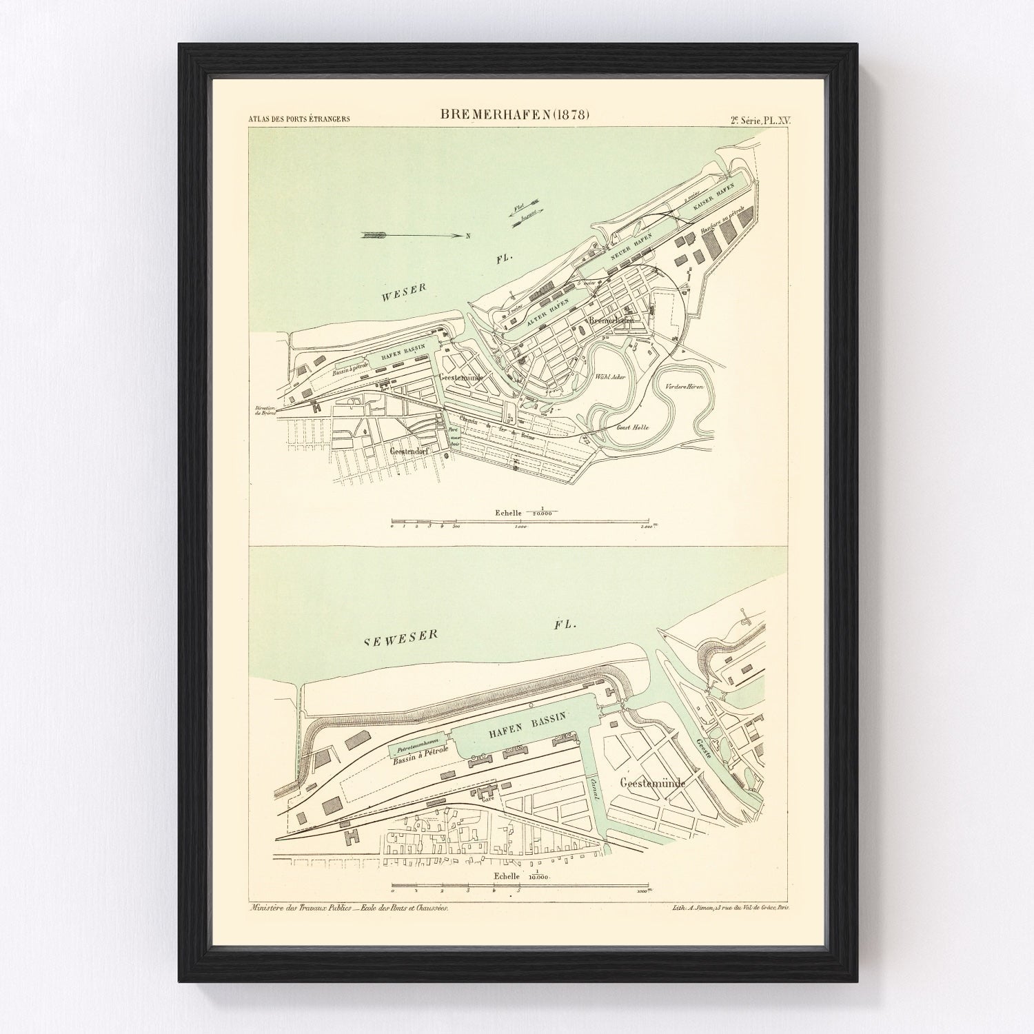 Vintage map of Bremerhaven, Germany, 1886, North Sea port restored print