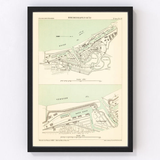 Vintage map of Bremerhaven, Germany, 1886, North Sea port restored print