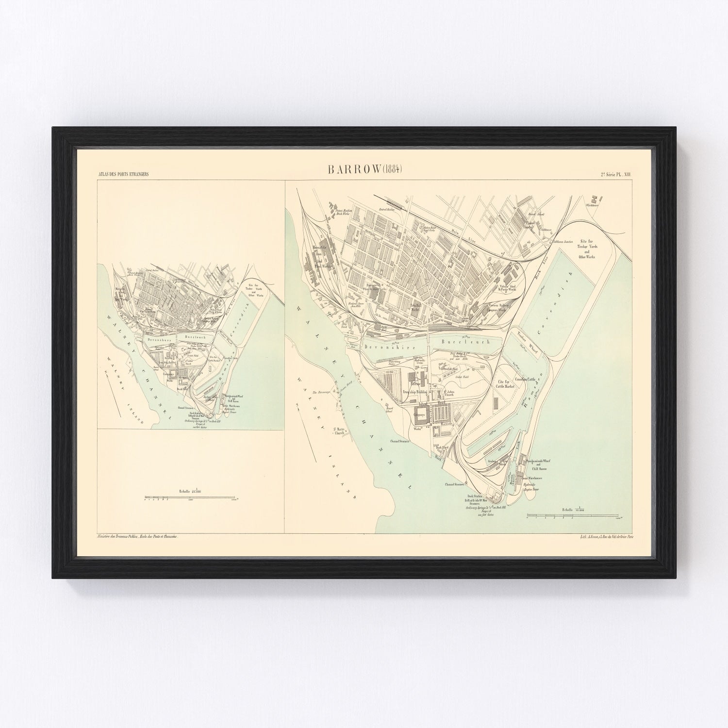 Vintage map of Barrow-in-Furness, England, 1884