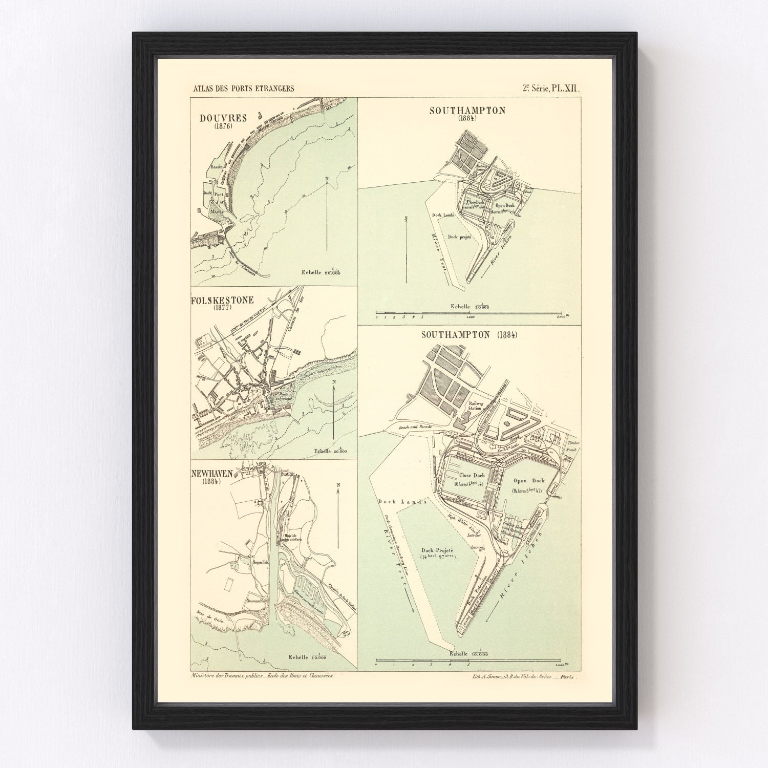 Vintage restored map of Dover, England, 1884, Channel port with harbour and White Cliffs