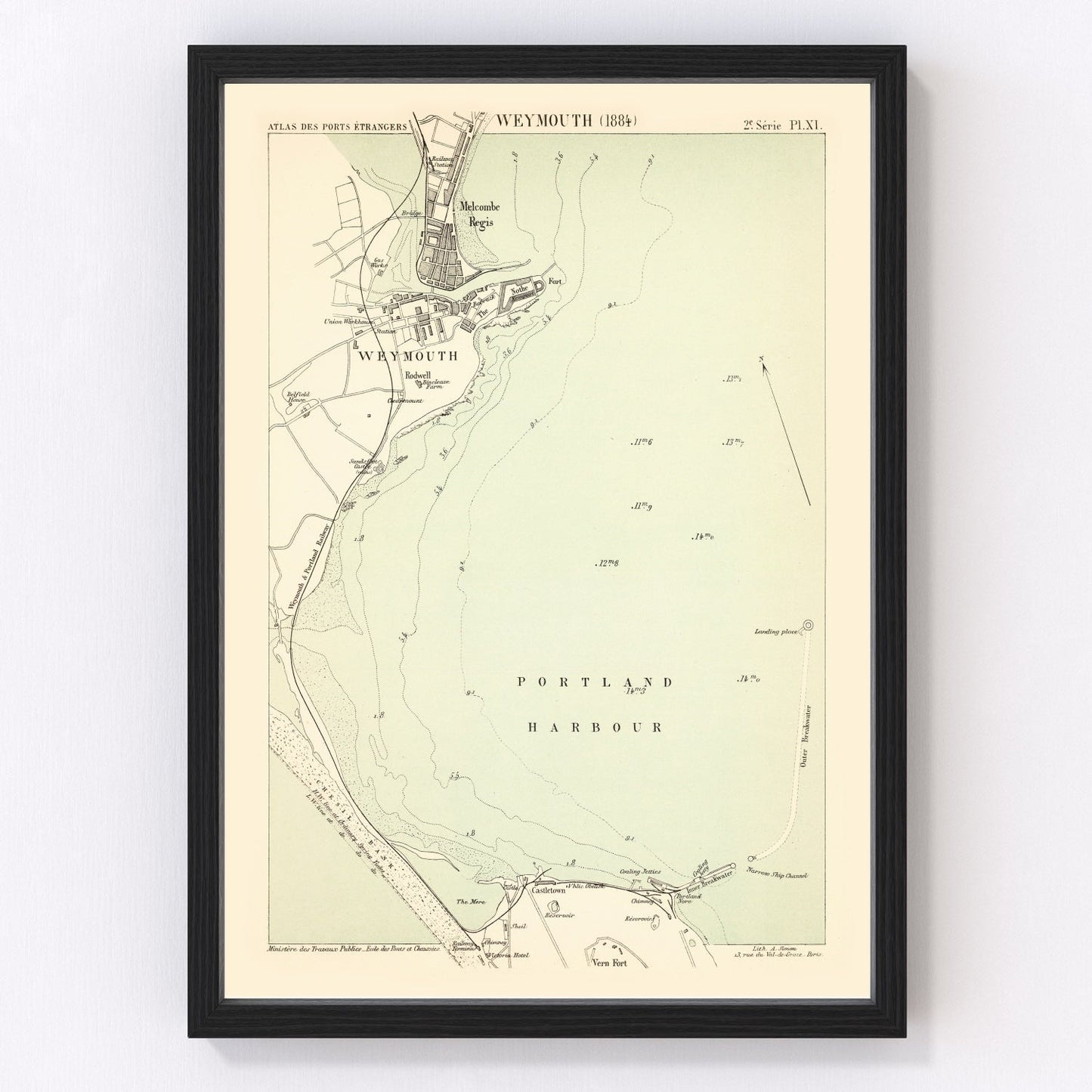 Vintage map of Weymouth, England, 1884, Dorset seaside harbor and esplanade