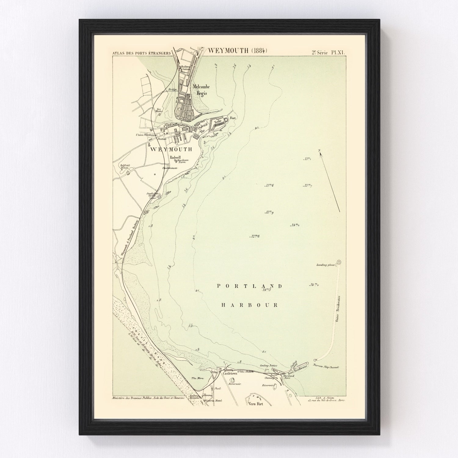 Vintage map of Weymouth, England, 1884, Dorset seaside harbor and esplanade