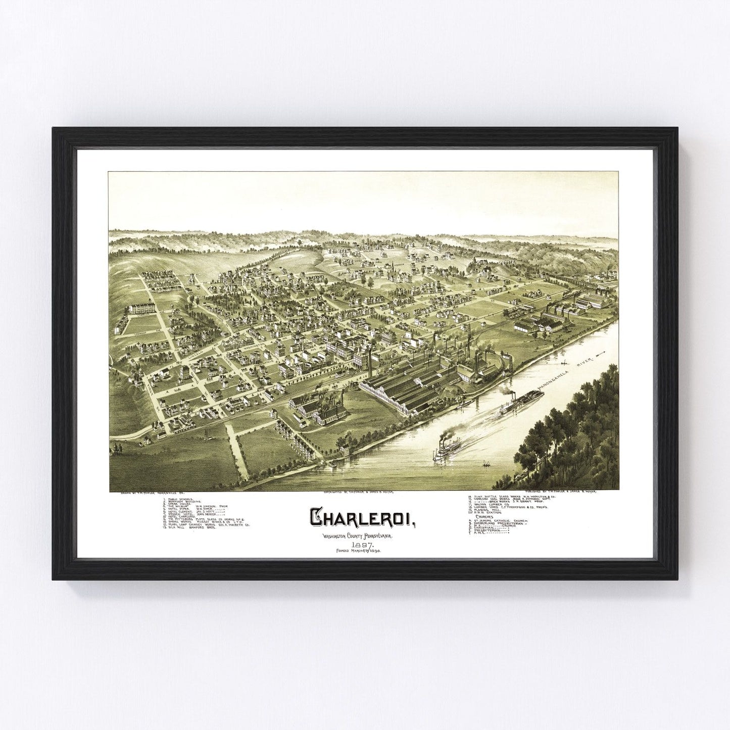 Vintage map of Charleroi, Pennsylvania, 1897, digitally restored antique cartographic print