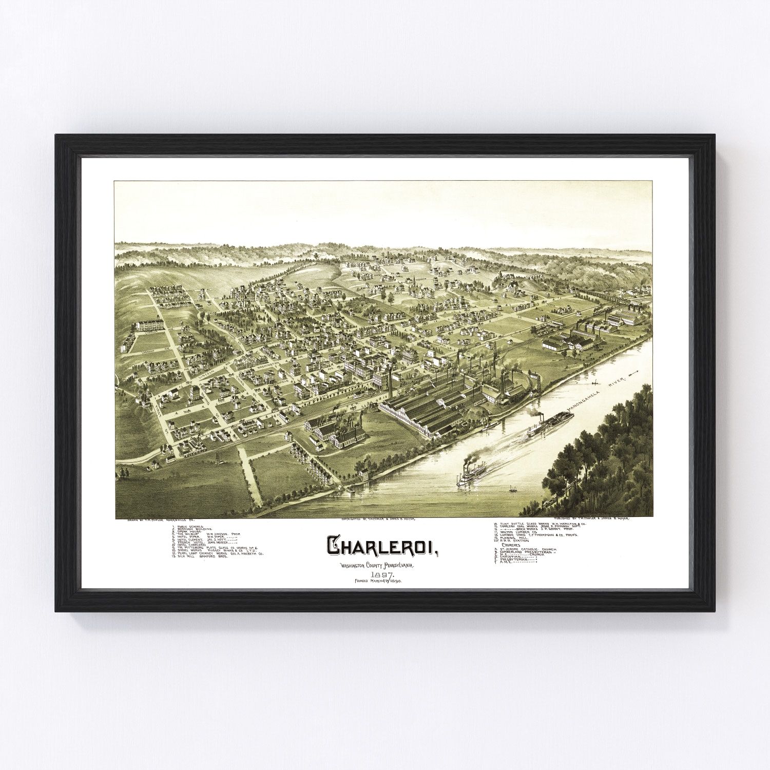 Vintage map of Charleroi, Pennsylvania, 1897, digitally restored antique cartographic print