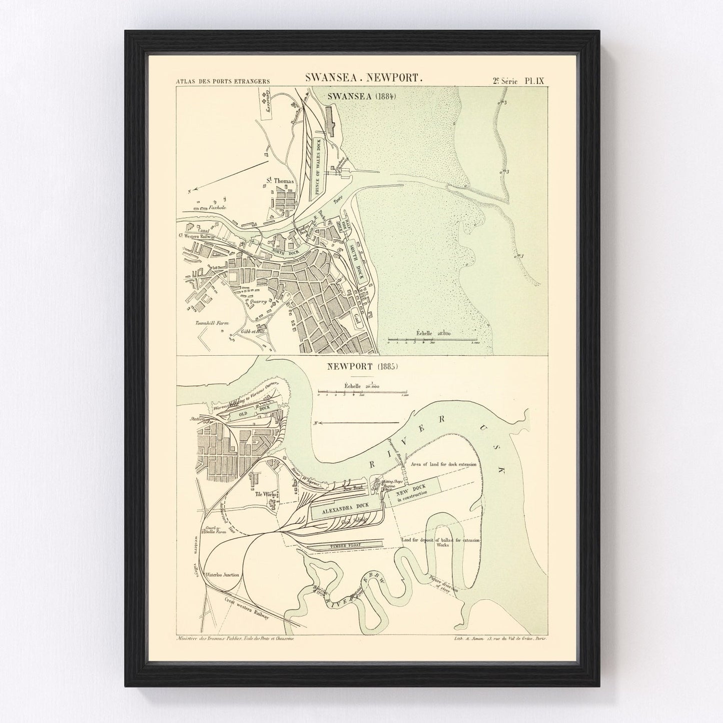 Vintage map of Swansea, Wales, 1885