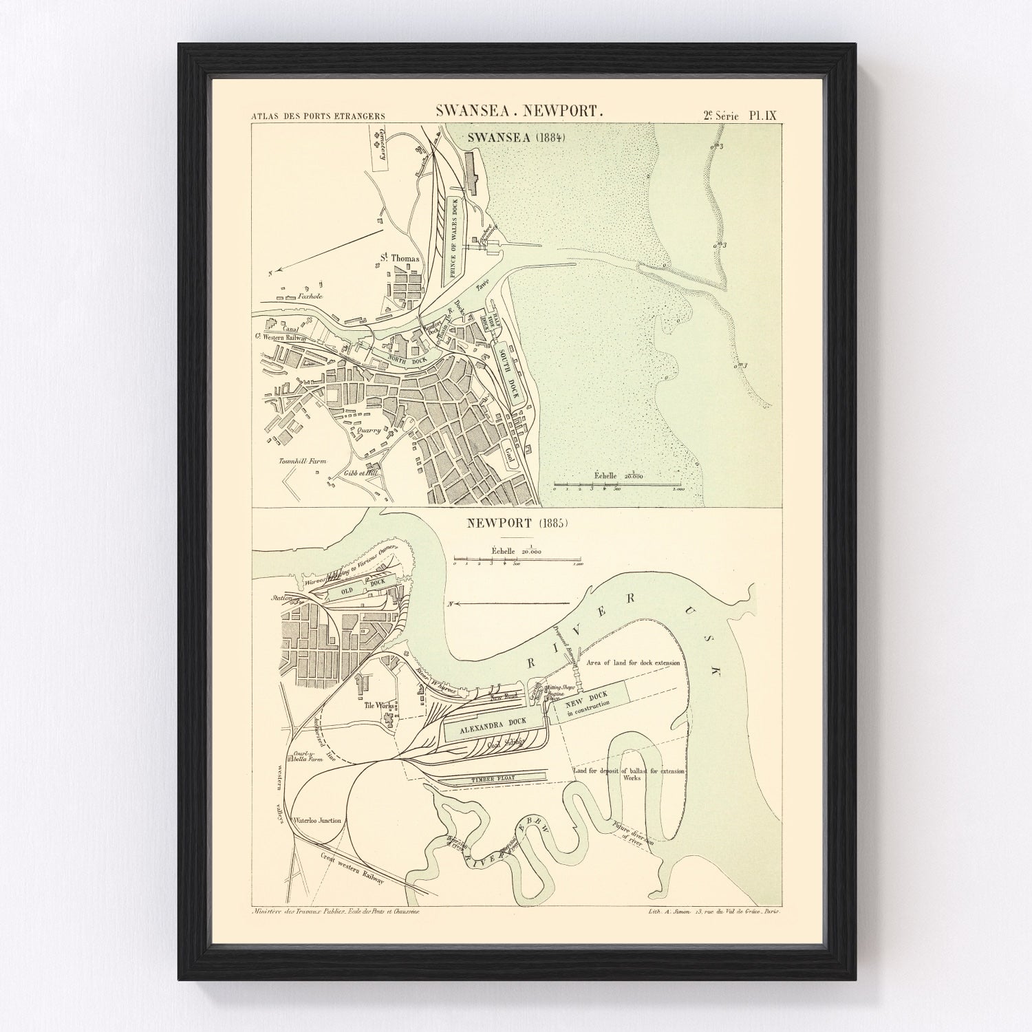 Vintage map of Swansea, Wales, 1885