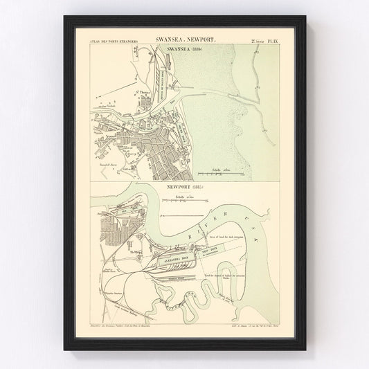 Vintage map of Swansea, Wales, 1885