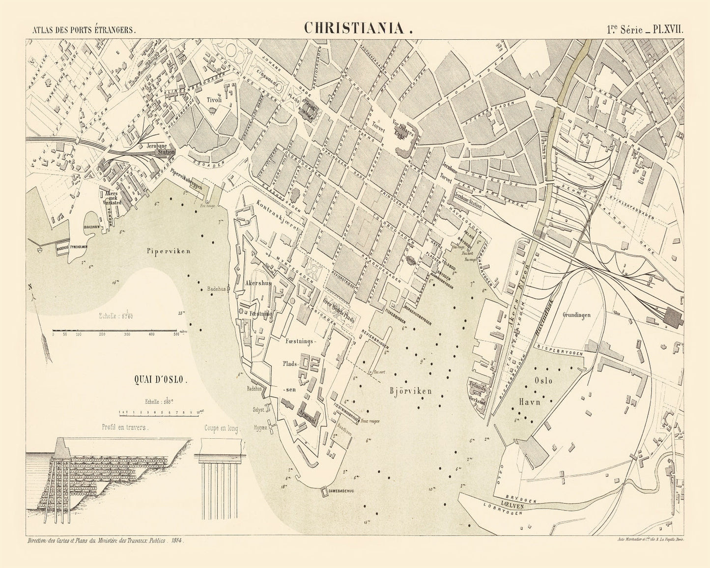Vintage Map of Copenhagen, Denmark, 1884
