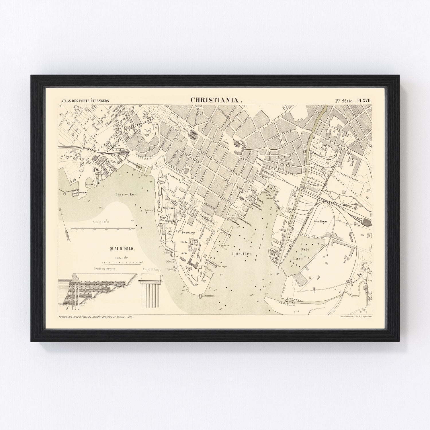 vintage map of Copenhagen, Denmark, 1884