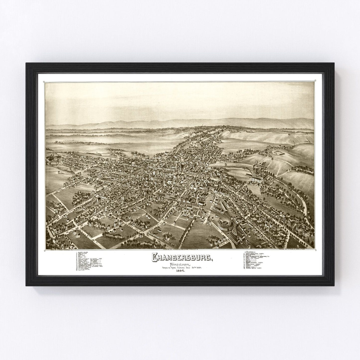 Vintage map of Chambersburg, Pennsylvania, 1885, Franklin County borough
