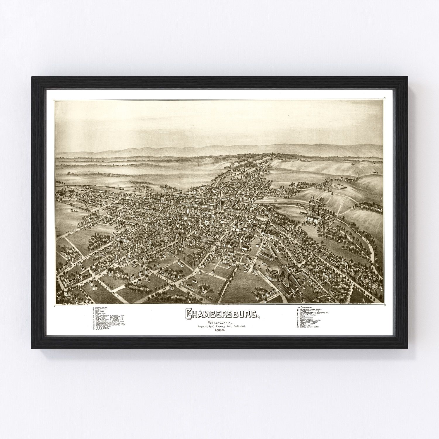 Vintage map of Chambersburg, Pennsylvania, 1885, Franklin County borough