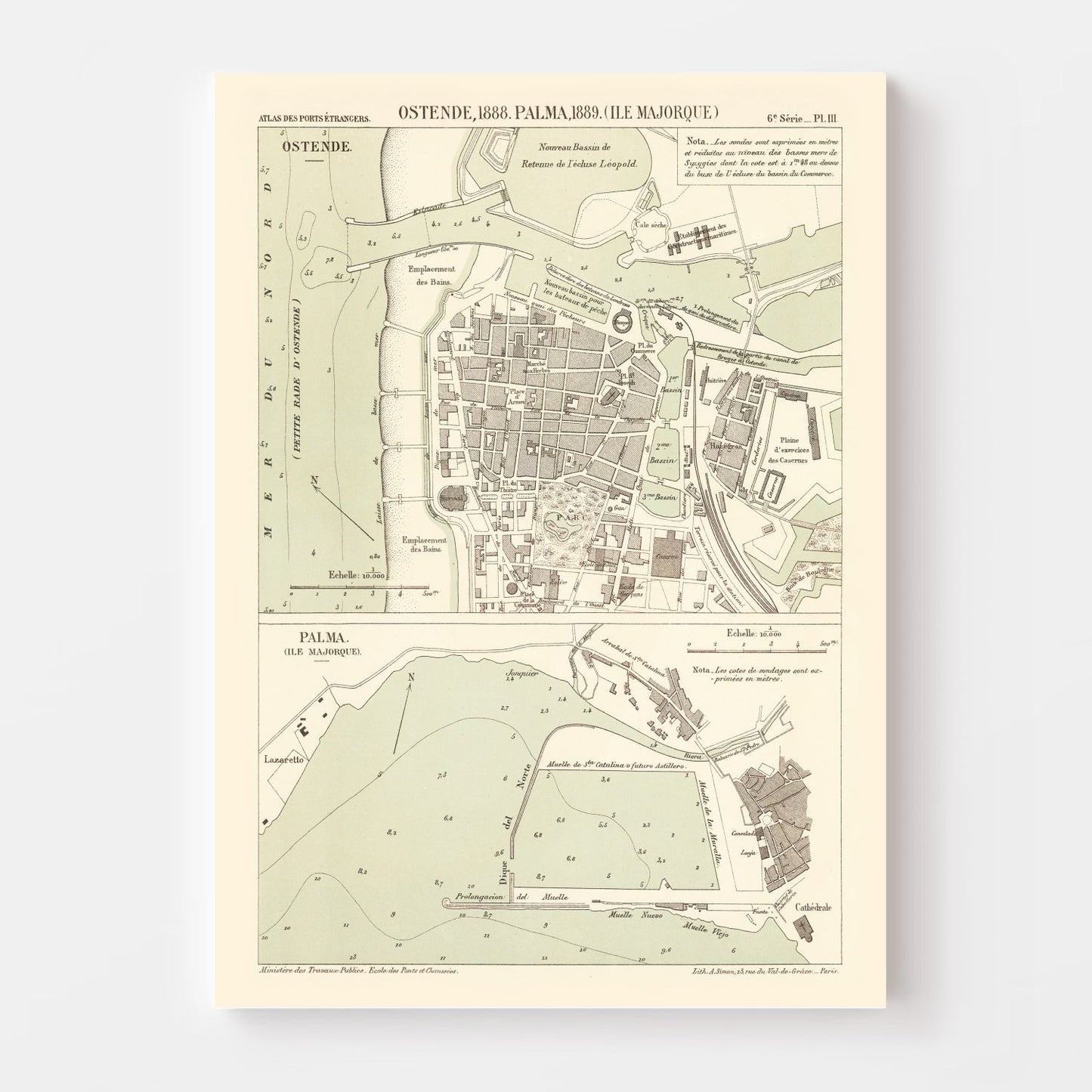 Vintage Map of Ostend, Belgium, 1889