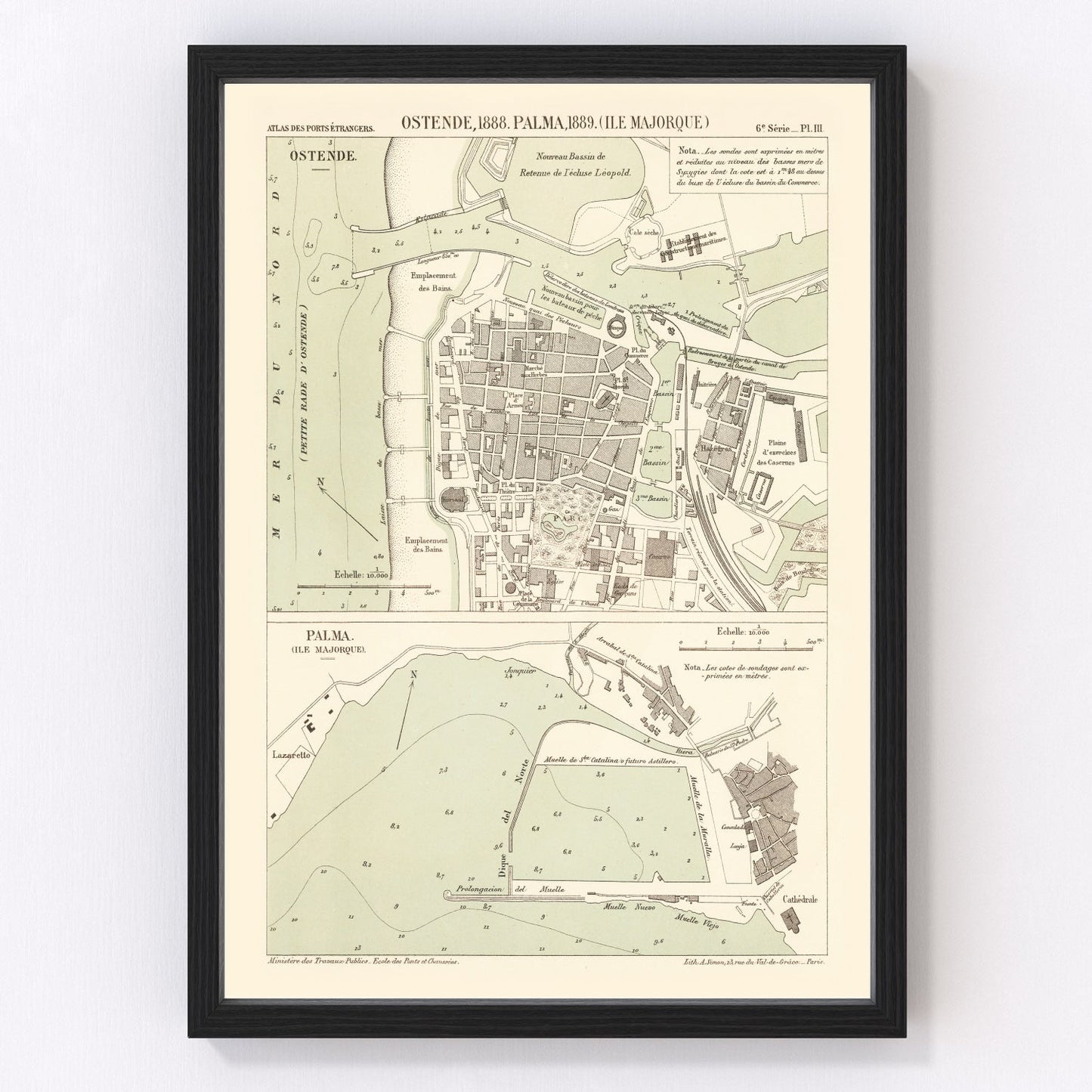 Vintage map of Ostend, Belgium, 1889